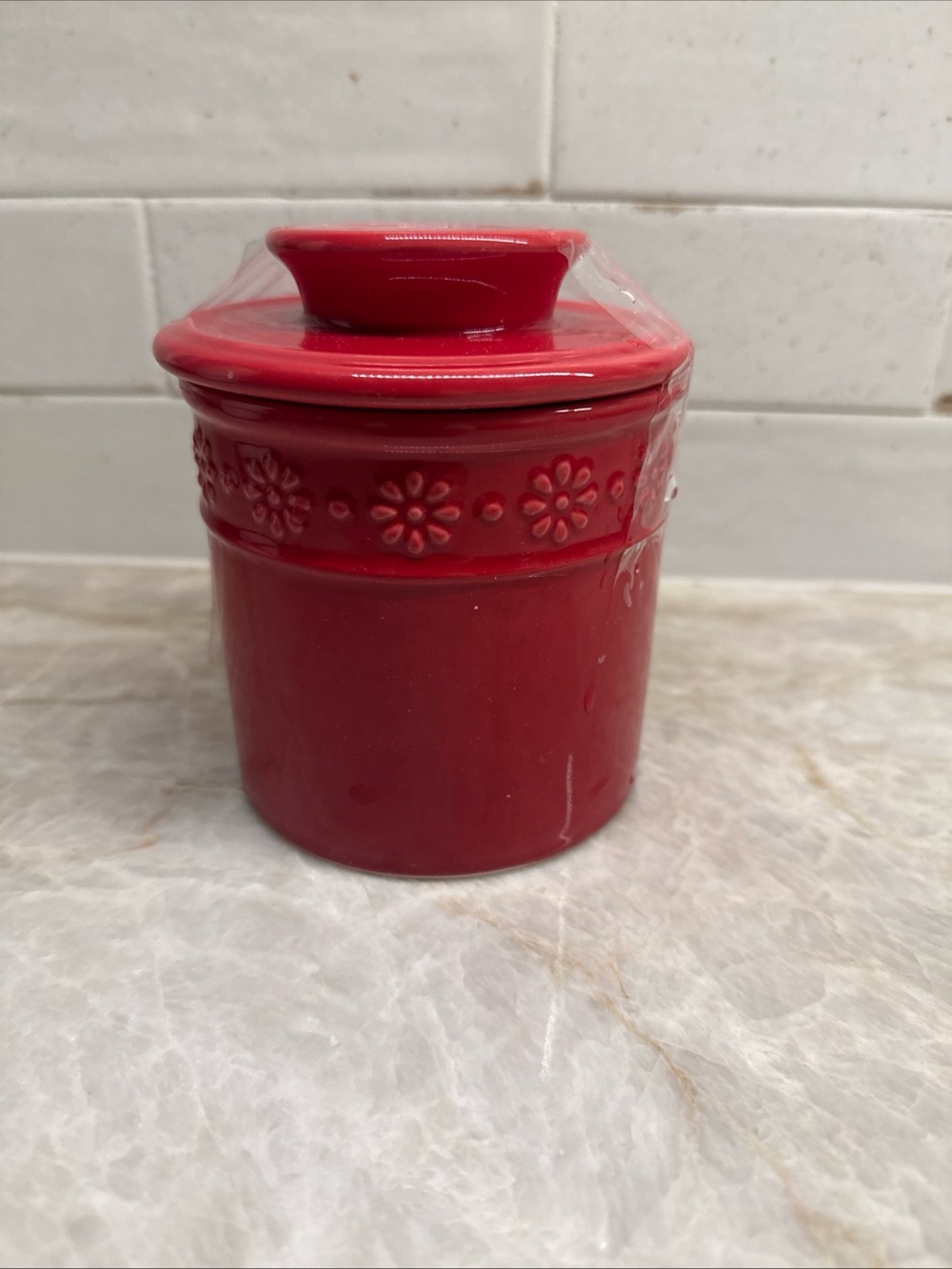 Red Ceramic Butter Bell with Floral Band - Home Dining Serveware